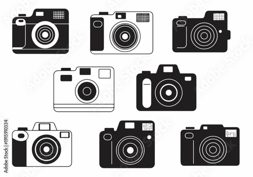 Black and white vector camera icons set showcasing various classic and modern photographic equipment in a minimalist style, perfect for retro design or technology themes.