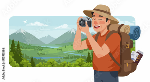Happy Traveler Photographing Scenic Mountain Landscape with Camera, Backpack, and Passport, Capturing Nature's Beauty During a Relaxing Outdoor Adventure.