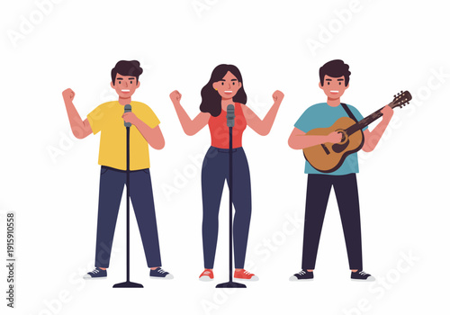 Diverse group of young musicians performing together, featuring two singers with microphones and a guitarist, illustrating a cheerful and energetic musical band or karaoke session.