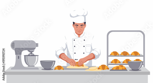 Skilled baker meticulously crafts croissants in a clean, professional kitchen, surrounded by fresh pastries and essential baking equipment.