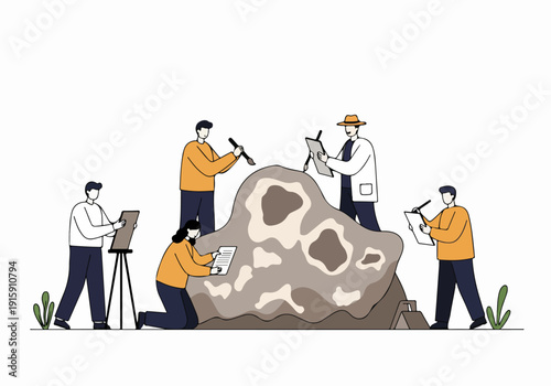 Geologists and scientists collaborate on a field study, meticulously examining a large rock specimen, documenting findings, and conducting research for geological exploration and discovery.