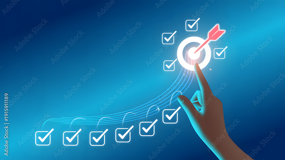 Naklejka premium Hand touching target with red dart and checklist on blue background symbolizing goals and achievements