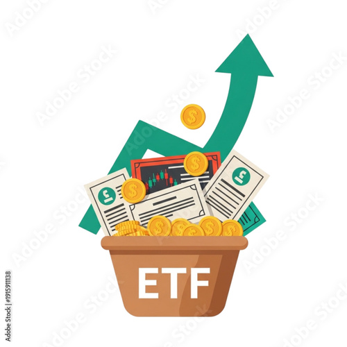 ETF exchange traded fund investment basket isolated on transparent background.