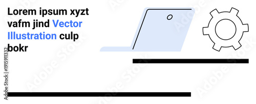Open laptop with gear icon suggesting technology operations, workflows, or startup ideas. Placeholder text complements the minimalist style. Ideal for innovation, problem-solving, data, engineering