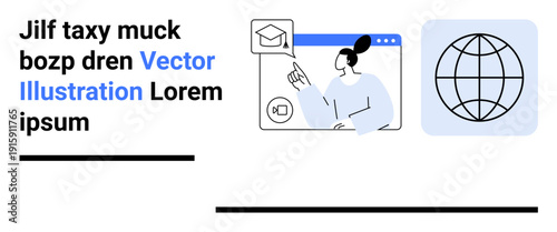 Online learning, global education, virtual communication, e-learning platforms, global networks, distance education. A person pointing at a graduation cap icon next to a globe. Online learning