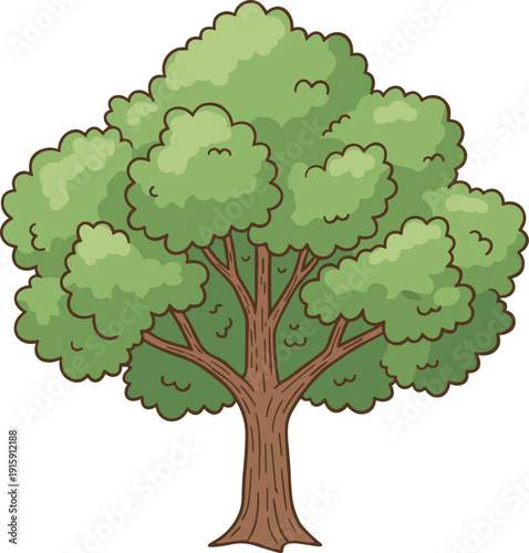 Single hand-drawn deciduous tree with lush green canopy and textured trunk in sketch vector style