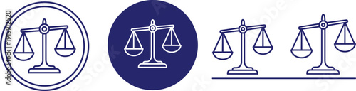 Scale of justice icons representing law legal system and equality in various circular and linear graphic versions