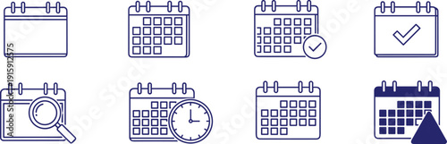 Collection of eight diverse vector calendar icons depicting dates, appointments, and scheduling functions