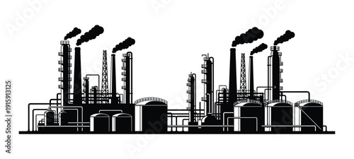 Industrial factory silhouette with smoking chimneys and oil storage tanks vector