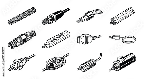 Electrical cables and power plugs set of technical equipment illustrations vector