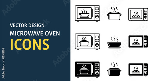 Set of microwave oven icons in outline and solid styles with steaming food, bowl, pot and kitchen appliance vector design