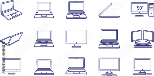 Various outline icons of laptops and computer monitors displaying different screen angles and configurations
