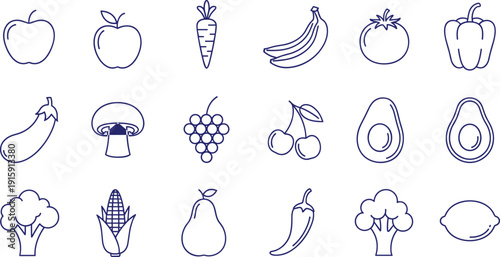 Healthy fresh fruits and vegetables line art icons isolated on transparent background food illustration