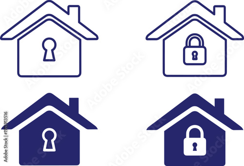 Set of house icons with keyhole and padlock indicating security and protection home safety