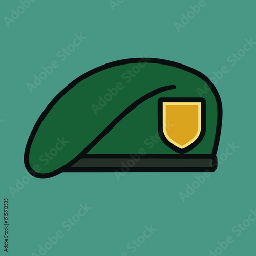 A green or maroon beret with a simple metal flash, flat vector illustration