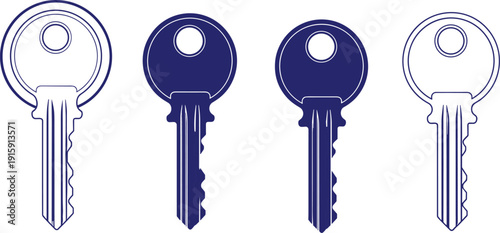 Set of house door key icons in outline and solid blue style isolated on transparent background for security design