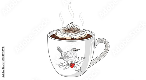 Cozy Winter Hot Chocolate with Whipped Cream and Christmas Robin Illustration