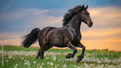 Majestic black horse galloping freely in a lush green meadow with white flowers at sunset