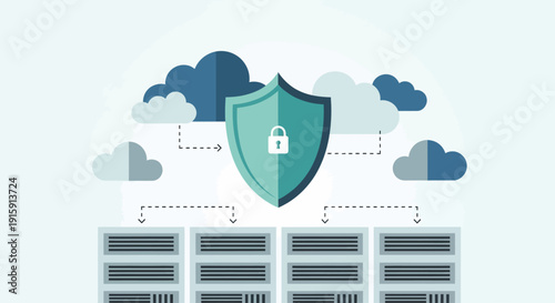 Cybersecurity Concept with Shield and Server Racks for Data Protection and Network Security Illustration