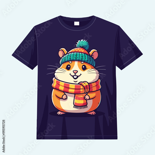 Mouse Character Wearing Winter Hat and Scarf on Dark T Shirt