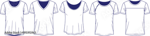 Assorted t-shirt neckline styles vector illustrations showing round v-neck scoop and raglan sleeve apparel templates