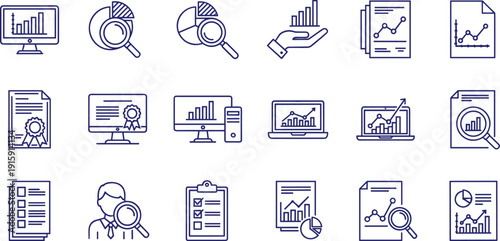 Data analysis and financial reporting line icons including charts graphs computer monitors and business documentation