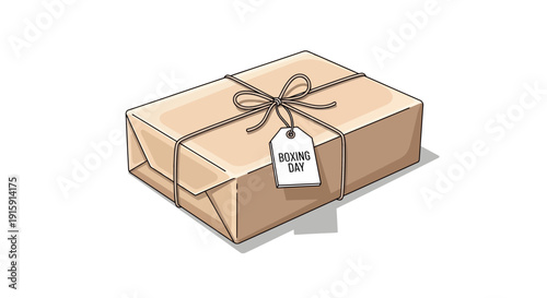 Boxing Day Gift Box Wrapped in Brown Paper Tied with Twine and Tag