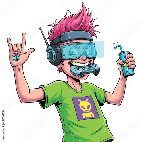 Young gamer wearing VR headset cannabis