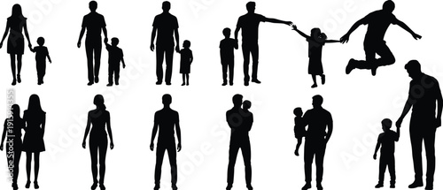 Black silhouette family collection, father mother children walking standing playing holding hands vector illustration isolated on white background
