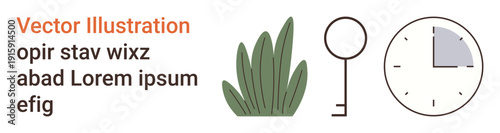 Time management, security, nature connection, growth, punctuality, and sustainability. A clock, key and green leaves on a clean background. Time management and security concept