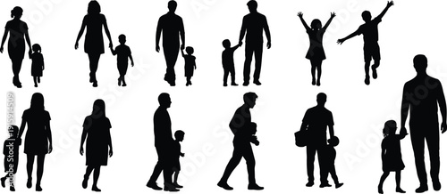Family walking silhouettes with parents and children, happy daily life moments, people holding hands and playing, black vector illustration isolated on white background