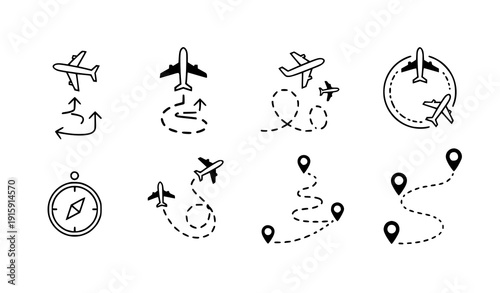 Flight path icon set vector airplane routes dotted lines and map markers isolated on transparent background