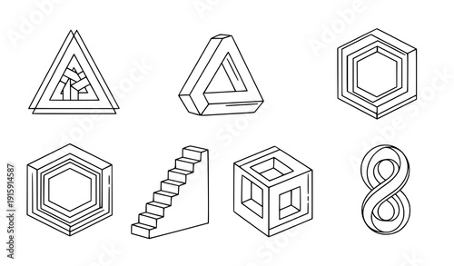 Impossible shapes outline set vector optical illusion geometric objects isolated on transparent background