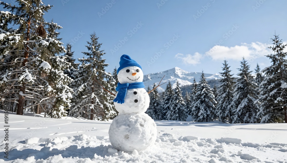 Fototapeta premium Smiling snowman in a blue hat stands in a snowy field on a sunny day