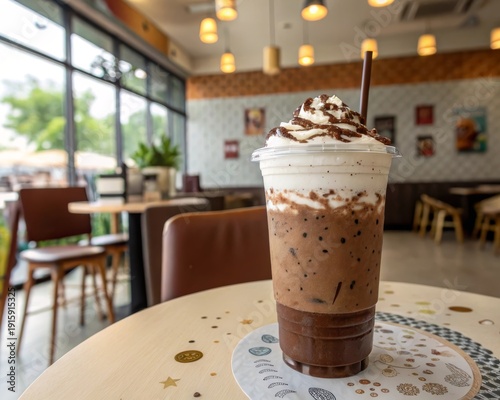Rich iced chocolate malt drink with whipped cream and chocolate drizzle served in a cafe setting