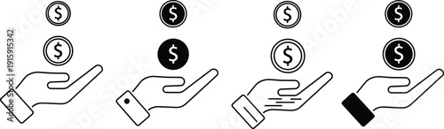 Financial Investment and Savings Icon Set Featuring Human Hand Reaching for Dollar Coins for Wealth Growth, Banking Apps, and Money Management Graphic Designs
