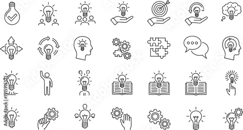 Creative Idea and Business Innovation Icon Set Featuring Light Bulbs, Brainstorming Symbols, Problem Solving Gears, and Knowledge Growth Illustrations for Professional Development