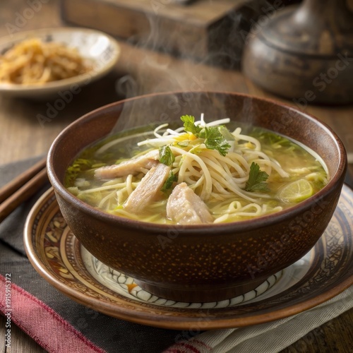 A steaming bowl of fragrant soto ayam chicken noodle soup served in a traditional setting