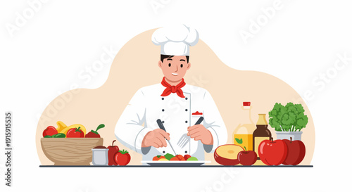 Happy professional chef preparing and garnishing a fresh, healthy meal with fruits and vegetables.
