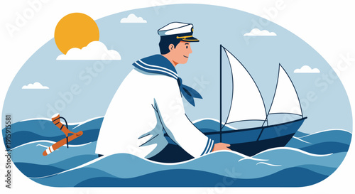 Smiling young sailor navigating a sailboat on the blue ocean waves under a bright sun, flat vector illustration.