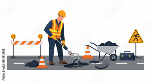 Utility worker accessing a sewer manhole cover during road maintenance, surrounded by construction safety barriers and cones.