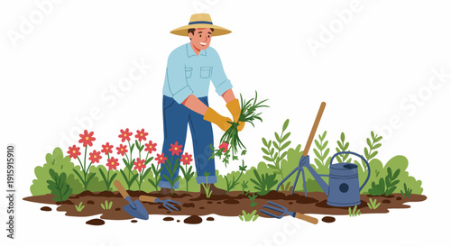Smiling gardener wearing a straw hat planting seedlings in the garden, surrounded by flowers and farming tools.
