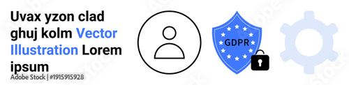 Data protection, cybersecurity, privacy policies, IT compliance, identity management, GDPR guidelines. User icon, shield with GDPR text lock gear. Data protection and cybersecurity