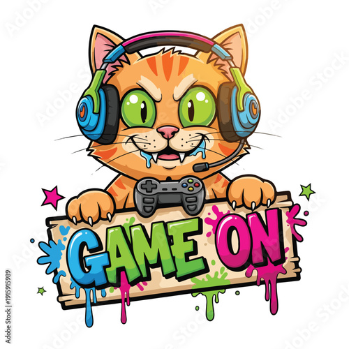 Cat with Headphones and Sign Game On