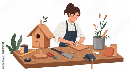 Woman crafting a wooden birdhouse on a workbench, illustrating hobby and DIY skills in a detailed flat illustration.