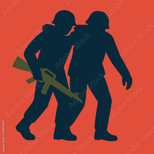 Symbolic silhouette of one soldier helping another walk, flat vector illustration