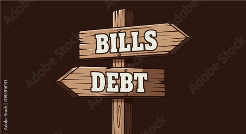 Bills or Debt? - Sarcastic Financial Humor Wooden Signpost Graphic Illustration for Adulthood and Social Commentary