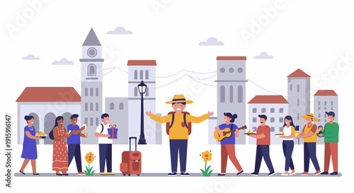 Diverse Community Welcoming a Happy Traveler in a City Landscape Illustration.