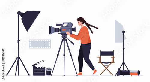 Camerawoman filming a movie scene using professional video equipment including lighting, tripod, and clapperboard.