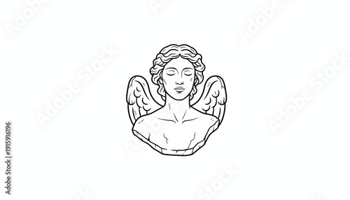 Angel bust sculpture, line art drawing, ethereal, spiritual, serene, isolated on white background